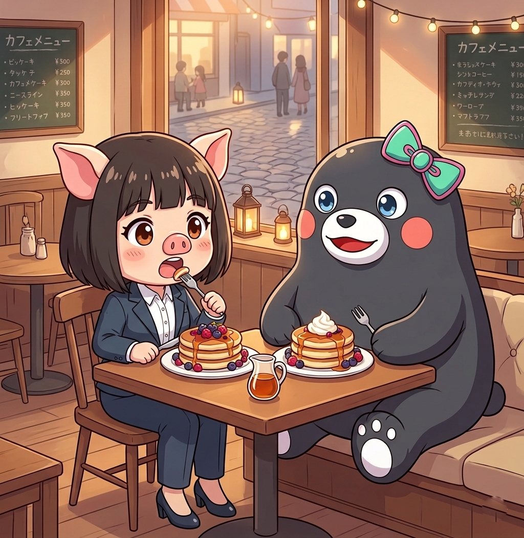 カフェでパンケーキを食べる二人