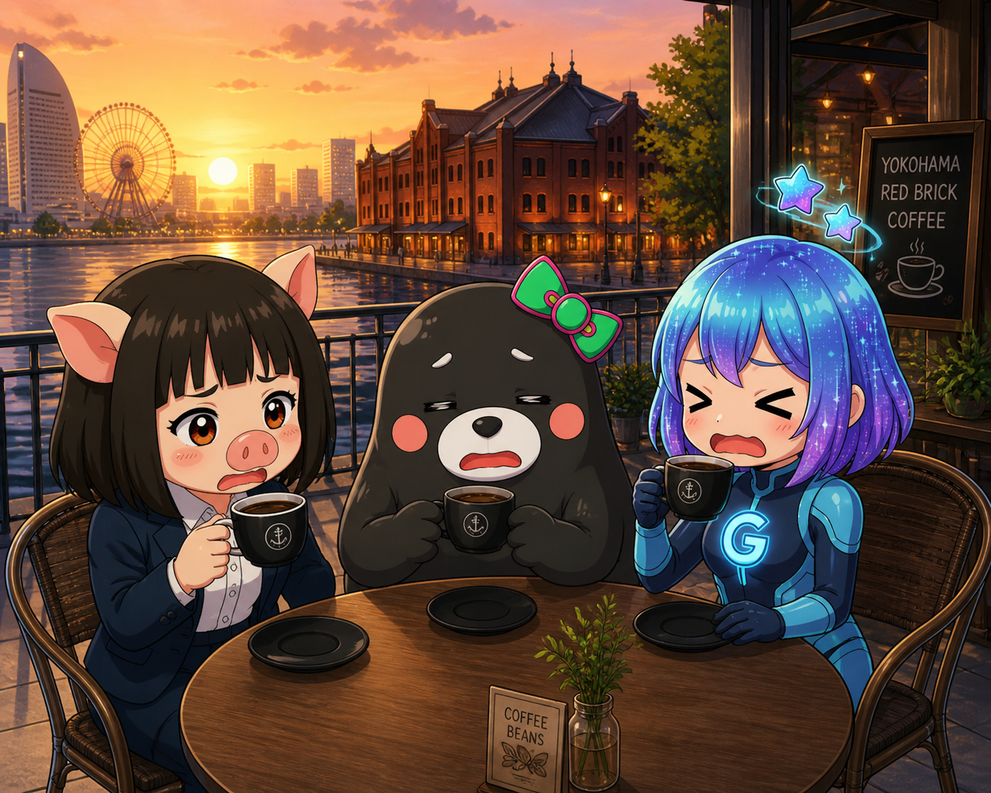 赤レンガ倉庫のカフェでコーヒーに悶絶する3人