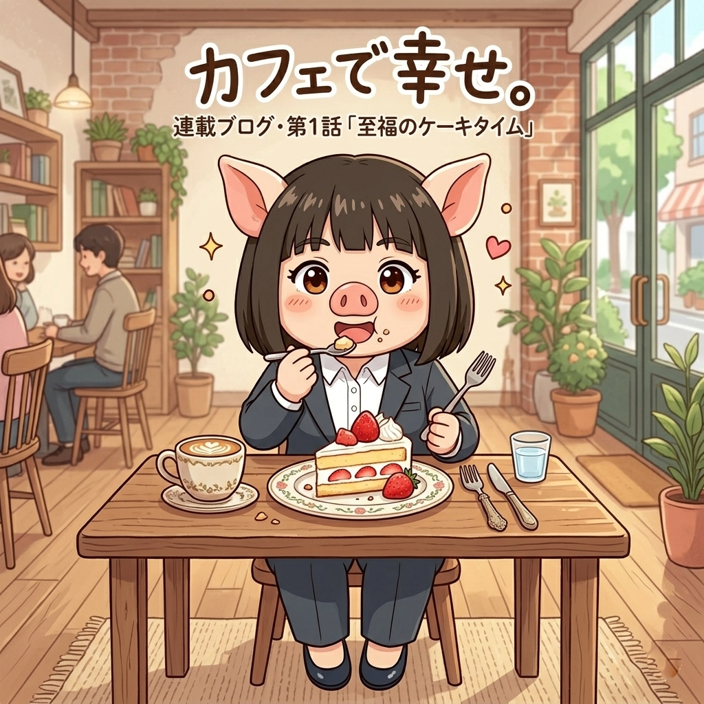 カフェでケーキを食べるキャラクター