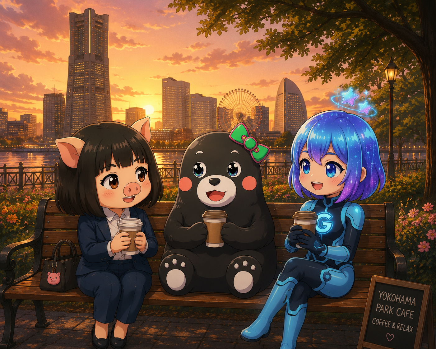 夕暮れのみなとみらいでくつろぐ3人