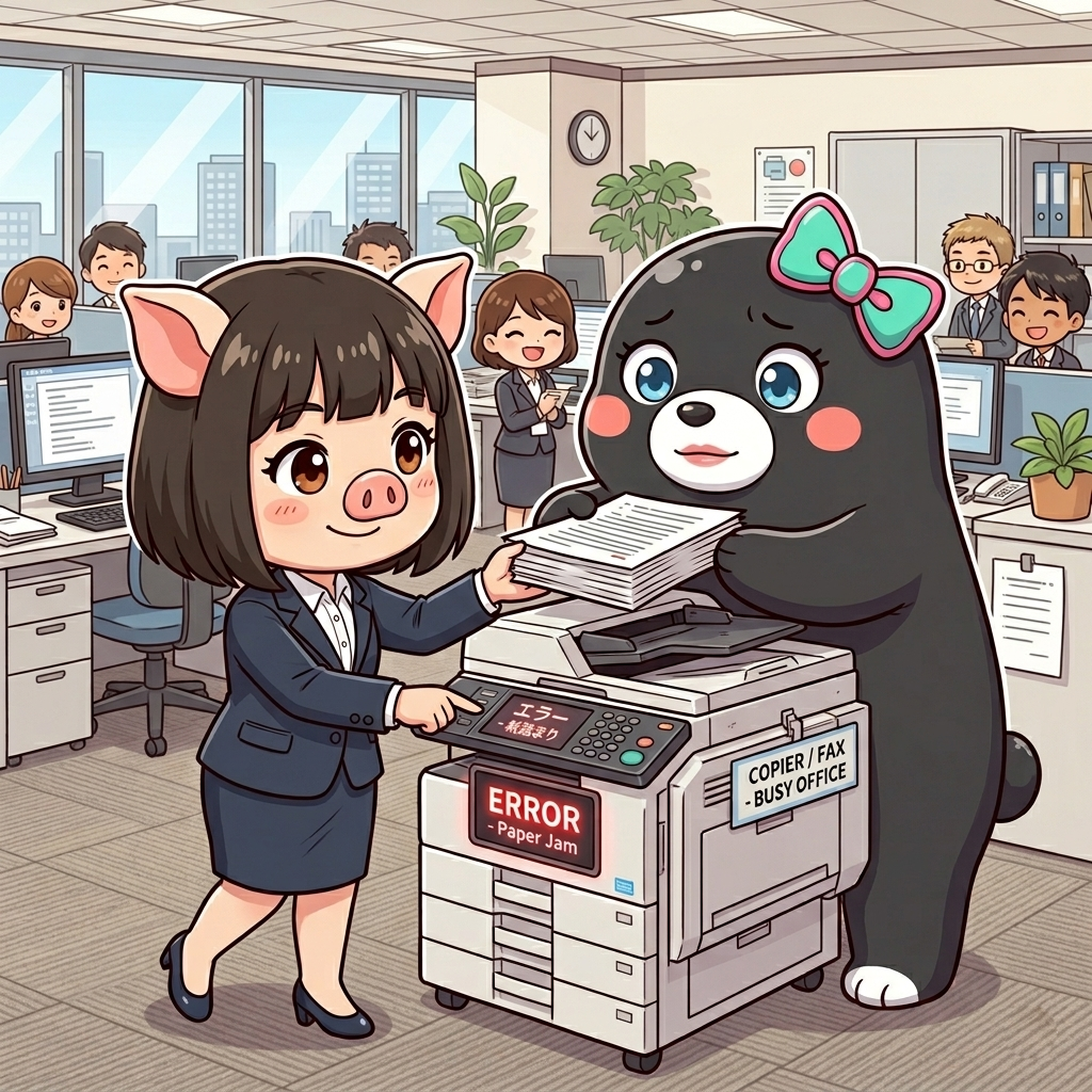コピー機で困っているリエモンを助けるぶーリエ
